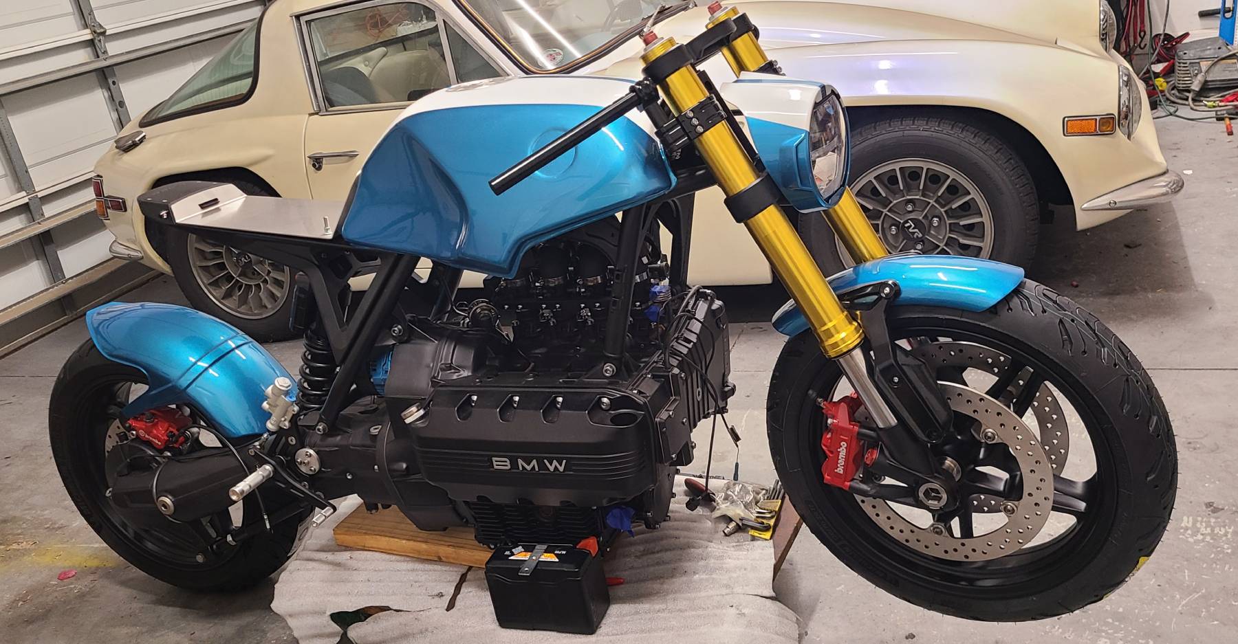 The same K1100 rebuilt with blue bodywork, new wheels and upgraded front suspension