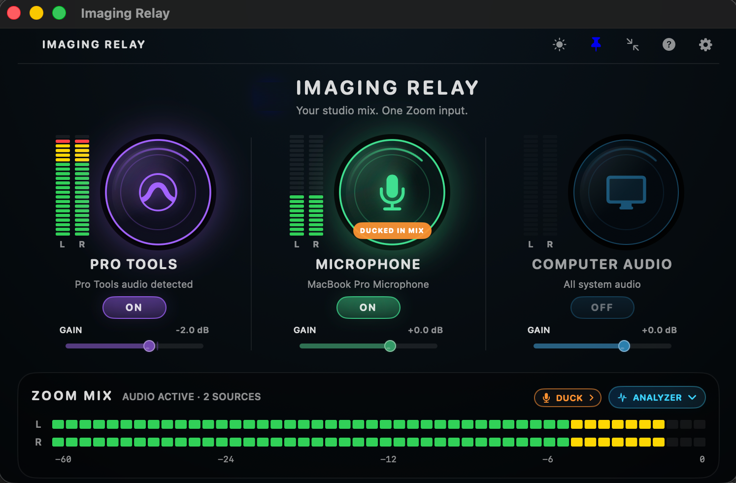 Imaging Relay main mixer with Pro Tools, microphone, computer audio and stereo output meters
