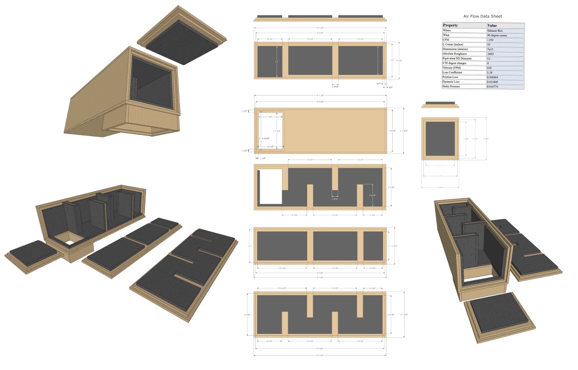 Final silencer box drawing with dimensions and airflow calculations